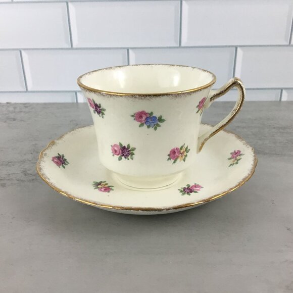 James Kent Floral Tea Cup Saucer Longton England Pink Blue Yellow Flowers - Picture 3 of 11